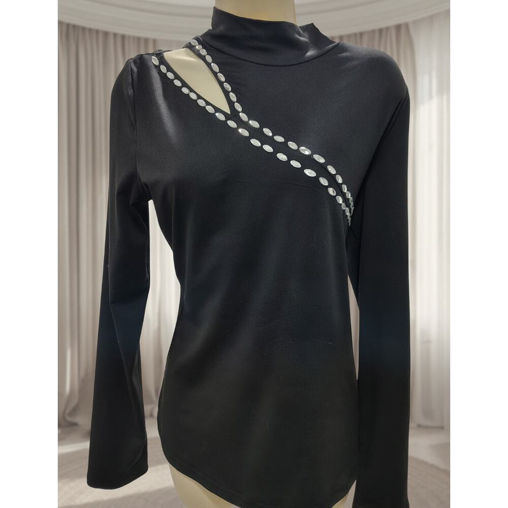 Black Women's Shoulder cut out with faux diamond accent Sz 2X - long sleeve